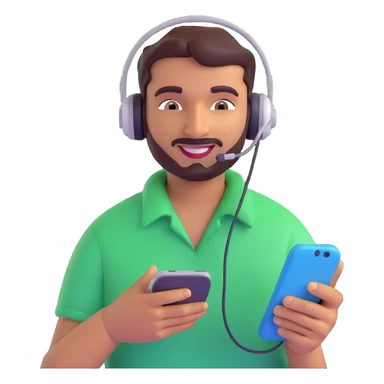 Indian man with a headset, holding a phone, smirking, simple background, 3D emoji style sticker