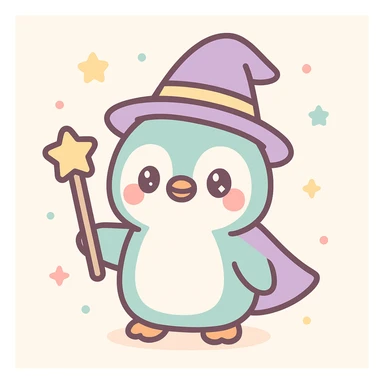 a penguin dressed as a wizard, with a pointy hat and a magic staff, in a cute and whimsical style sticker