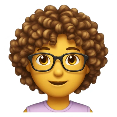 Human emoji, skin #8f6354 color, hair curly long with gradient from #382b26 to #876c55, has glasses with rectangular shape, has tortoiseshell cat ears, and is happy sticker