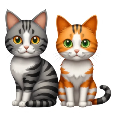 A grey tabby cat with dark grey stripes and green eyes sitting next to a calico cat with orange eyes sticker