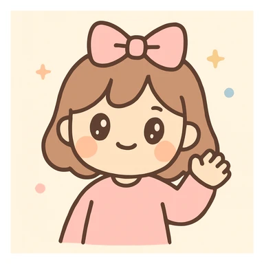 a smiling girl waving, pink sweatshirt, bow on her head, kawaii style sticker