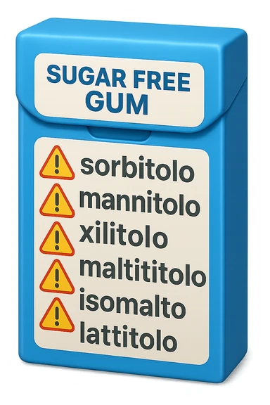 SU QUESTO STILE FAI UN EMOJI STILE IPHONE 3D DI UN pacchetto di gomme senza zucchero con ETICHETTA CON GLI INGREDIENTI SCRITTI, "sorbitolo, mannitolo, xilitolo, maltitolo, isomalto, lattitolo" accanto ad ogni nome scritto mettici un segnale di allarme, FALLO MOLTO REALISTICO IN 3D sticker