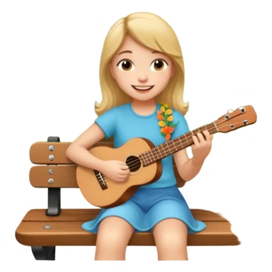 Teen girl – relaxed on park bench, strumming a ukulele, smiling.
 sticker