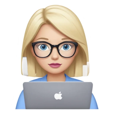 donna, occhi azzurri con occhiali, capelli medi, lisci e biondi, lavora usando il pc. Labbra color malva chiaro sticker