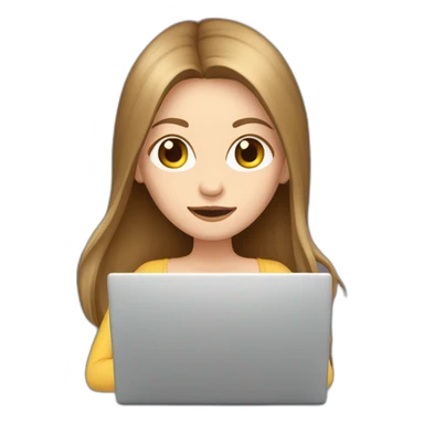 woman with pale skin and brown long hair hiding behind a gigantic laptop sticker