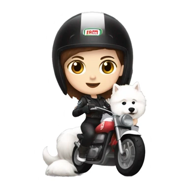 Girl biker white skin and brown short hair with a agv black helmet hugging a white Samoyed sticker