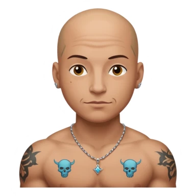 a bald head wearing necklace, having tattoo sticker