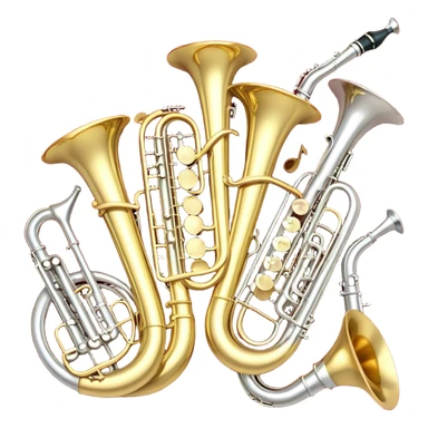 Create a festive and elegant emoji collage featuring a bouquet or fan of brass instrument bells (trumpets, saxophones, trombones, etc.) arranged in a radiant, symmetrical pattern. The instruments should have polished, golden and silver finishes, with their large, shiny bells forming a beautiful, fan-like display. Include a flowing ribbon of musical notes swirling through the center, conveying movement and melody. The background should feature a deep red velvet texture, adding a touch of luxury and sophistication. The overall composition should be balanced, with an elegant and regal feel, with a transparent background to keep focus on the instruments and musical elements. sticker