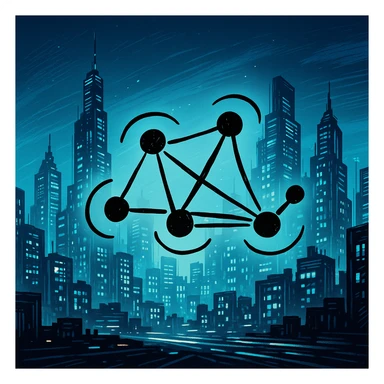 Add a futuristic city background, keep the hand-drawn neural network diagram as the main subject, maintain doodle style sticker