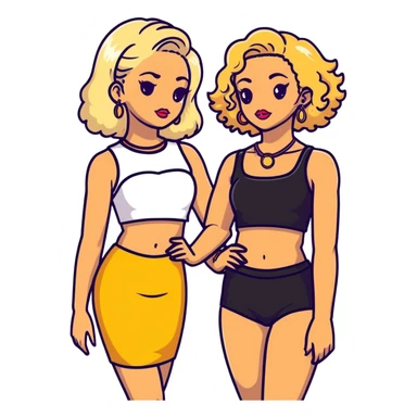 Full body of two teenage girls standing together, one white with straight blonde hair and one brown-skinned with curly black hair, both with heavy makeup, big lips, crop tops, gold jewelry and flashy choni style outfits sticker