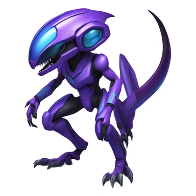 a black-blue-purple Genesect-Raptor-Fakémon—hybrid with a futuristic visor-helmet full body sticker