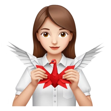 A happy Ukrainian young girl with brown hair in a white embroidered shirt makes an origami red crane craft sticker