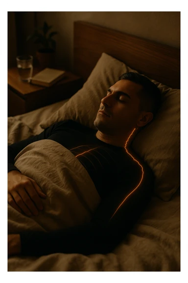 A cinematic close-up of a man in his early 30s sleeping peacefully on his back in a softly lit bedroom. His breathing is calm, chest rising slowly. The sheets are slightly crumpled, natural linen textures in warm beige tones. His face is relaxed, with faint light illuminating the side of his cheek and temple from a nearby window. Around his body, faint glowing lines follow the spine and head, symbolizing deep nervous system recovery and hormonal balance. On the nightstand: a glass of water, a book, and no electronics. The room is quiet and grounded, with natural elements like a small plant and a wooden headboard. Shot in 35mm cinematic style, with warm ambient tones, shallow depth of field, and a peaceful, healing atmosphere sticker