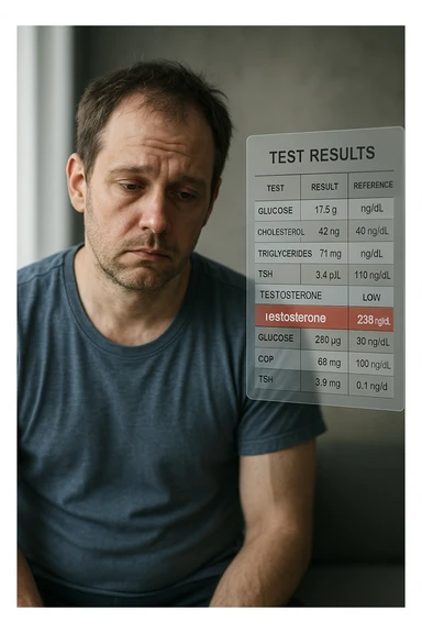 Un uomo caucasico di 35-45 anni, in CGI fotorealistico, che mostra i segni fisici ed emotivi di un basso livello di testosterone. aggiungere un referto medico semi-trasparente fluttuante accanto a lui, con valori di testosterone evidenziati in rosso. sticker