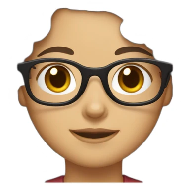 girl with short shoulder-length hair, brown with some gray hair, curly hair, red maroon glasses sticker