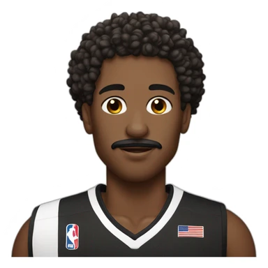 black basketball player with moustache curly hair and headband wearing black and white jersey holding the book sticker