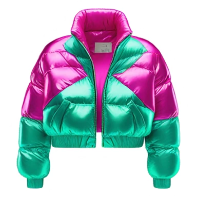 Realistic isolated side view of an open metallic hot pink cropped puffer jacket and metallic mint green sports bra underneath the jacket. sticker