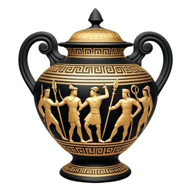Cinematic-realistic Grecian urn, an exquisite black-figure pottery masterpiece resting in the dim glow of an ancient temple. Intricate golden depictions of two warrior fighting with spears and warriors encircle its curved form, telling timeless myths of heroism and tragedy.  sticker