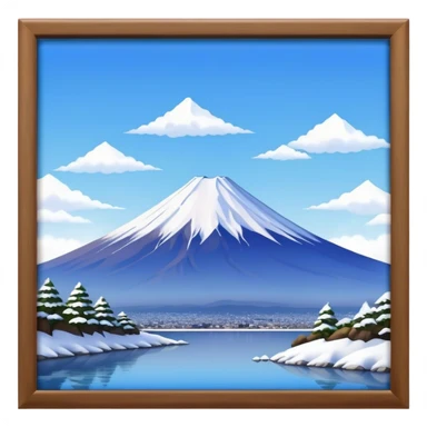 Cinematic Realistic Mount Fuji Landscape Emoji, depicted with the iconic snow-capped peak set against a serene sky rendered with lifelike textures and breathtaking, natural lighting. sticker