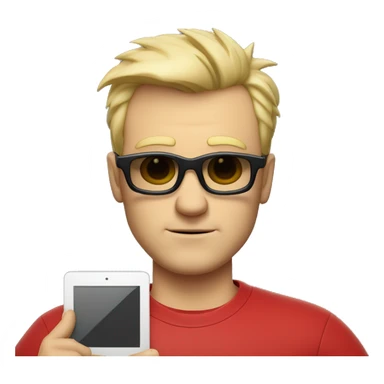 Nerdy middle aged white man with short blond spiky hair looking confused and wearing sunglasses and a red tee shirt holding an electronic tablet sticker