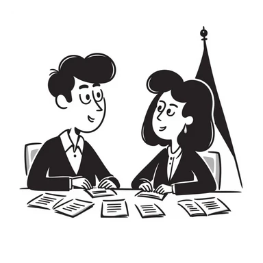 A diplomat negotiating at a conference table with documents and a flag sticker