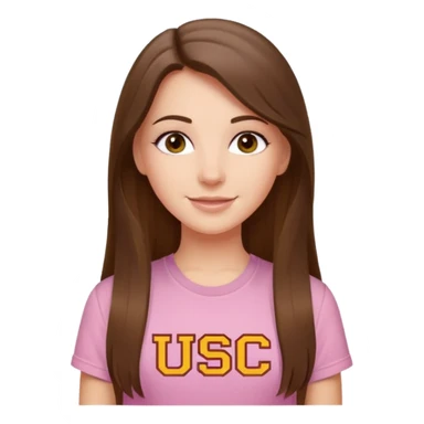 happy white long brunette hair girl with hazel eyes and in a light pink shirt with the letters USC in white sticker