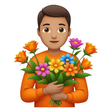 Man with bright orange shirt shirt carrying a bunch of flowers sticker