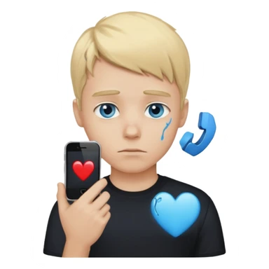 white boy with blonde hair and blue streaks wearing black shirt with blue eyes with broken heart phone head sticker