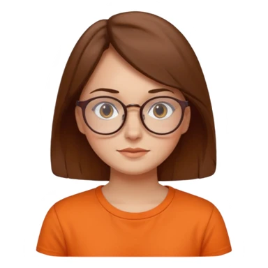 brown hair woman with round glasses orange shirt no smile sticker