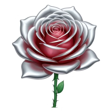 A rose emoji made of liquid silver metal, smooth metallic petals, reflective chrome surface, soft gradients, elegant shape, minimalistic iOS emoji style, centered, clean white background, realistic highlights, no text sticker