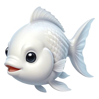 Cinematic Cute White Goldfish Portrait Emoji, Head tilted playfully and inquisitively, featuring a glossy, pure white body with delicate, shimmering scales and round, sparkling pale eyes filled with curiosity, Simplified yet irresistibly adorable features, highly detailed, glowing with a warm, friendly glow, high shine, affectionate and lively, stylized with a touch of whimsy, bright and endearing, soft glowing outline, capturing the essence of a mischievous yet loving goldfish, so playful it feels like it could swim out of the screen and into your heart! sticker