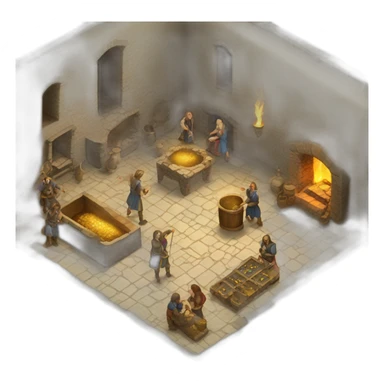 open floor plan of a medieval mint showing different people working, one person on the furnace, some people molding liquid gold into coins sticker