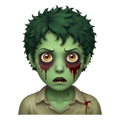 zombie character with green skin, messy short curly black hair, and no glasses. Give him large expressive eyes, a slightly frightened or eerie expression, subtle wounds, dark under-eye shadows, and a few cracks or dried blood marks on the face.  sticker
