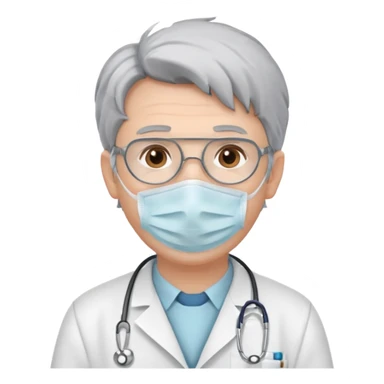 This is a cartoon-style avatar of a doctor with gray hair, wearing a face mask sticker