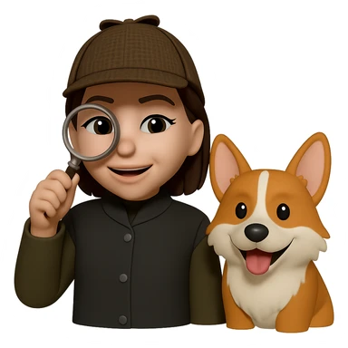 Add a corgi dog next to the woman who looks like a detective creating a design system. She should have a magnifying glass in her hand and wear a detective hat. Keep the same style as the original image. The background should be transparent. sticker