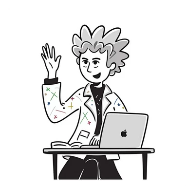 Edgy female rock musician with colorful tattoo sleeve, undercut hairstyle with vibrant dyed hair, wearing leather jacket, sitting at classroom desk with laptop, hand raised enthusiastically sticker