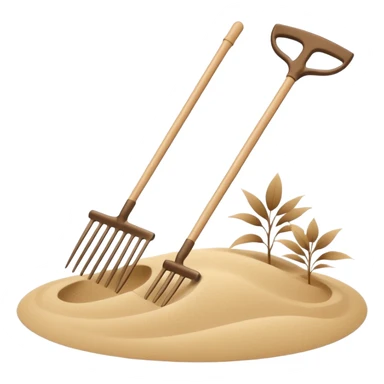 Minimalist emoji of a Japanese zen garden rake with four teeth, elegant thin lines, light wood tone, sand-beige palette, flat vector style, calm and balanced aesthetic, zen-inspired, transparent background, premium minimal design sticker
