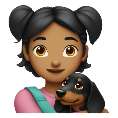 A girl with black hair hugging a daschund sticker