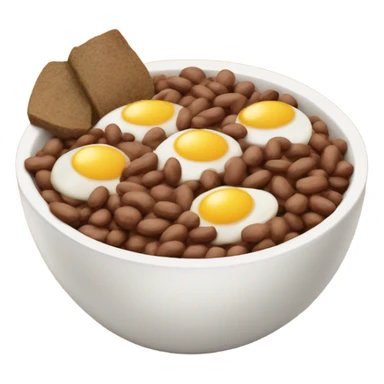 Brown dish in a white bowl with beans, potatoes, brown eggs and some deep cooked meat sticker