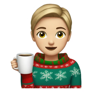 Light brown short haired girl with green eyes drinking coffee wearing blue Christmas sweater sticker