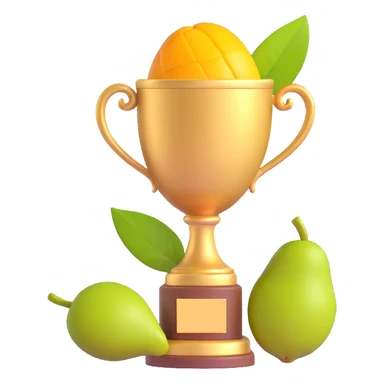 a fun and celebratory golden trophy with a mango as the cup sticker