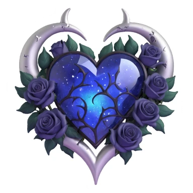 gothic heart, midnight blue glass, silver crescent moon, black roses, stardust, lightning, rain, cracked glass, iridescent style sticker