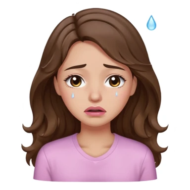 girl with wavy long brown hair, brown eyes, light to medium complexion, long lashes, light pink lipstick, wearing light pink shirt, crying big tears sticker