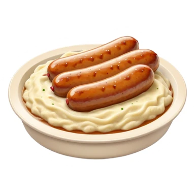 Cinematic Realistic Bangers and Mash Dish Emoji, featuring succulent pork sausages paired with creamy mashed potatoes rendered with detailed textures and natural highlights that emphasize its robust, hearty flavor. sticker