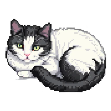 curled up black and white cat pixel art sticker