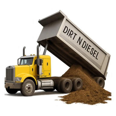 Make the yellow sleeper semi and silver dump trailer with 'Dirt n Diesel' text and dirt pouring out look more life-like and realistic, keep the dumping action, no background. sticker