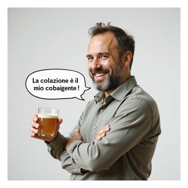 hyperrealistic 4K man isolated on white background with a speech bubble saying 'La colazione è il mio carburante!', smiling expression, natural pose, realistic details sticker