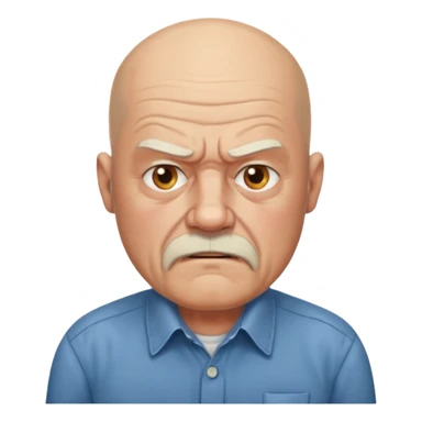 a portrait of angry elderly man, bald head, beard, wearing shirt sticker
