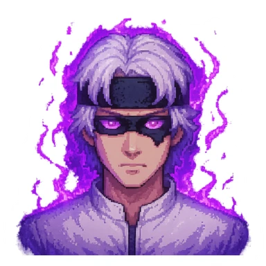 Add glowing purple energy effects to Gojo Satoru in pixel art style, maintaining the transparent background. The glow should be bright and magical, emphasizing the character's power with purple light. sticker