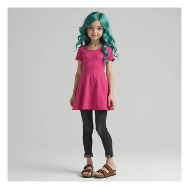 a realistic girl with teal hair, wearing a hot pink dress, black jeans, and brown birkenstocks, standing, photorealistic, casual pose sticker